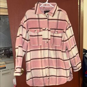 Pink and White Plaid Button-Up Jacket